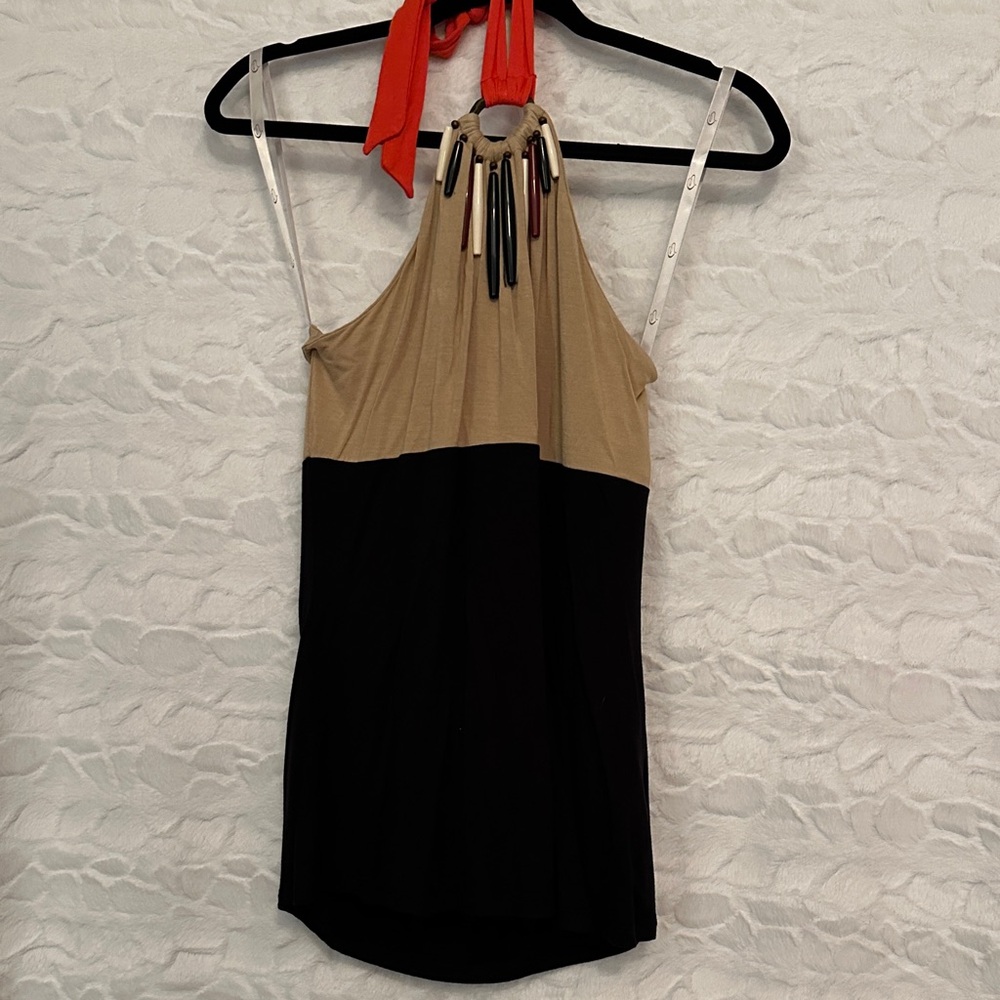 Boston Proper Black and Tan Halter Top with Red Accent
